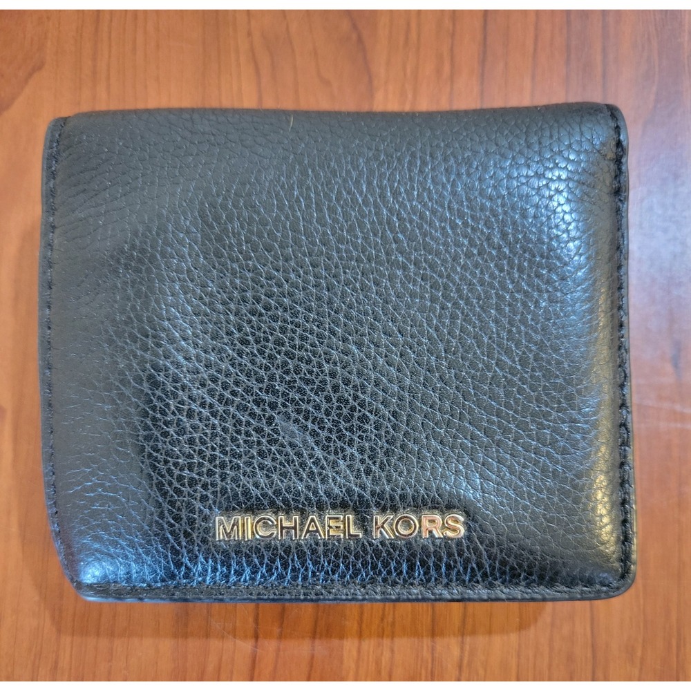 Michael Kors Black Pebbled Leather Bifold Compact Wallet Gold Logo Zipper Pocket